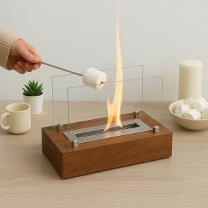 Minimalist Bioethanol Masaüstü Şömine – Ceviz Ahşap Dekoratif & Hediyelik