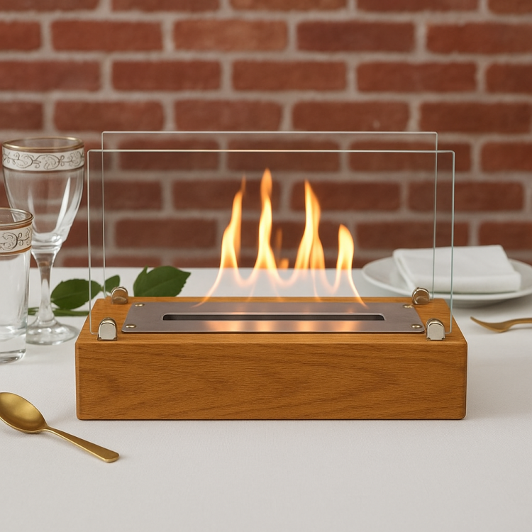 Minimalist Bioethanol Masaüstü Şömine – Ceviz Ahşap Dekoratif & Hediyelik