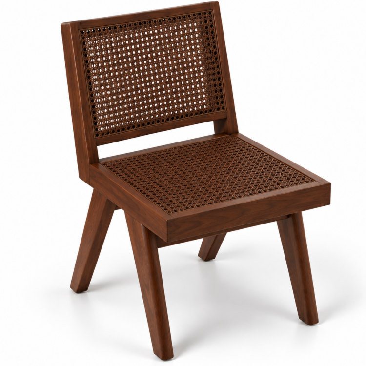 Elanora Rattan Detaylı Masif Ahşap Kolsuz Yemek Sandalyesi – Modern Doğal Tasarım