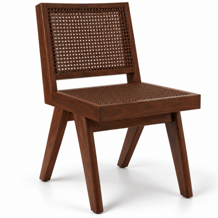 Elanora Rattan Detaylı Masif Ahşap Kolsuz Yemek Sandalyesi – Modern Doğal Tasarım