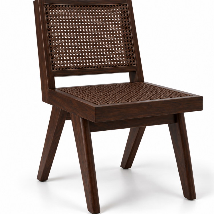 Elanora Rattan Detaylı Masif Ahşap Kolsuz Yemek Sandalyesi – Modern Doğal Tasarım