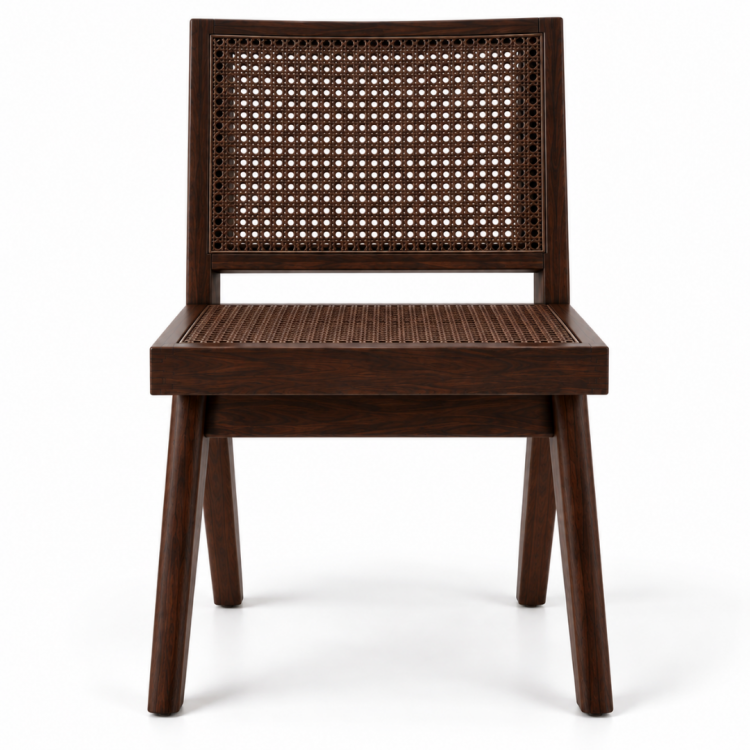 Elanora Rattan Detaylı Masif Ahşap Kolsuz Yemek Sandalyesi – Modern Doğal Tasarım