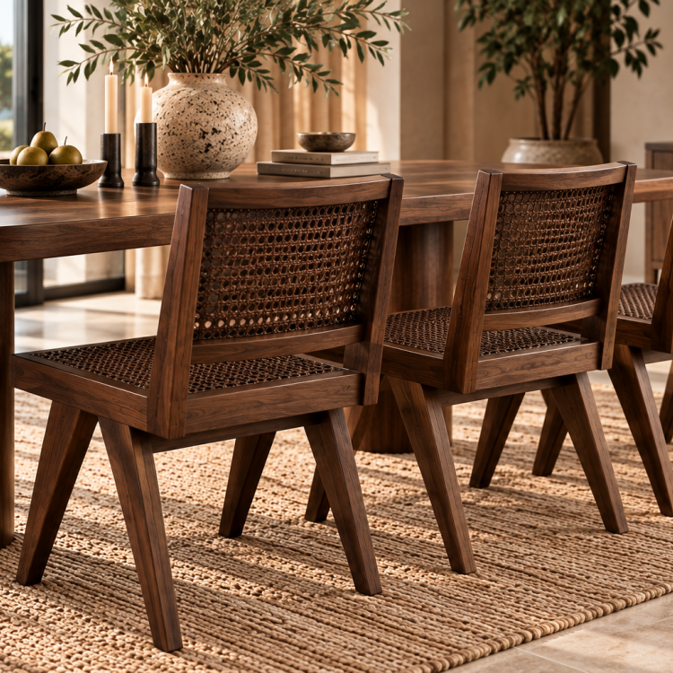 Elanora Rattan Detaylı Masif Ahşap Kolsuz Yemek Sandalyesi – Modern Doğal Tasarım
