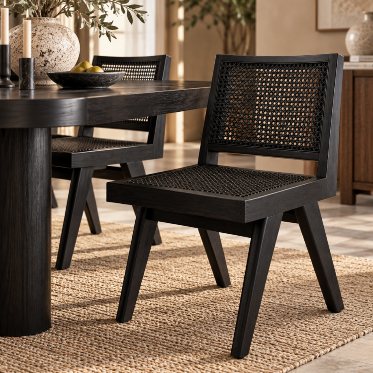 Elanora Rattan Detaylı Masif Ahşap Kolsuz Yemek Sandalyesi – Modern Doğal Tasarım