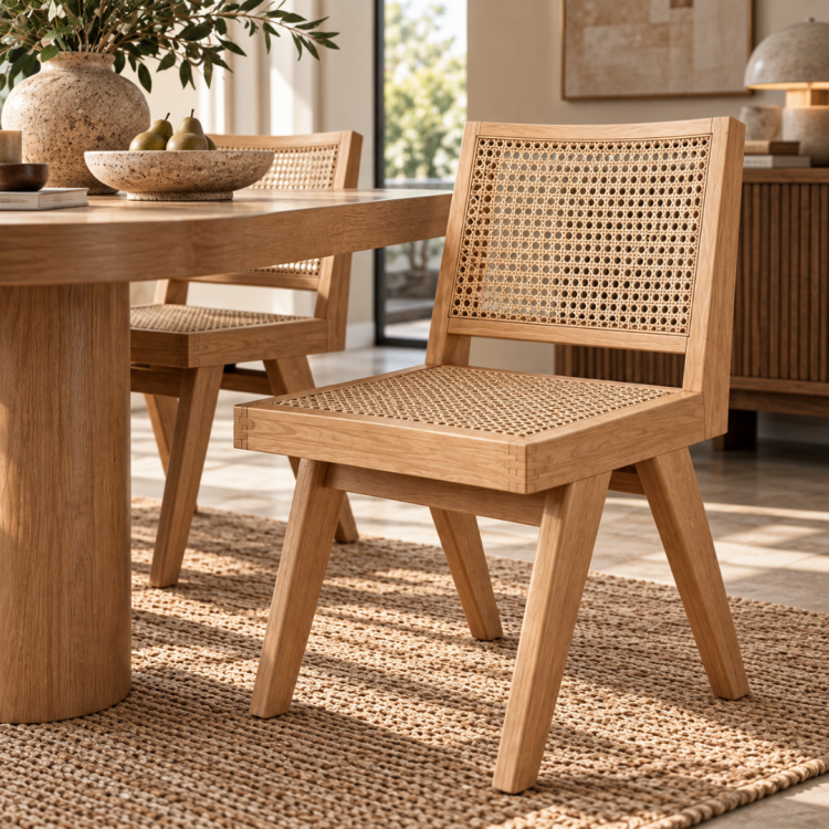 Elanora Rattan Detaylı Masif Ahşap Kolsuz Yemek Sandalyesi – Modern Doğal Tasarım