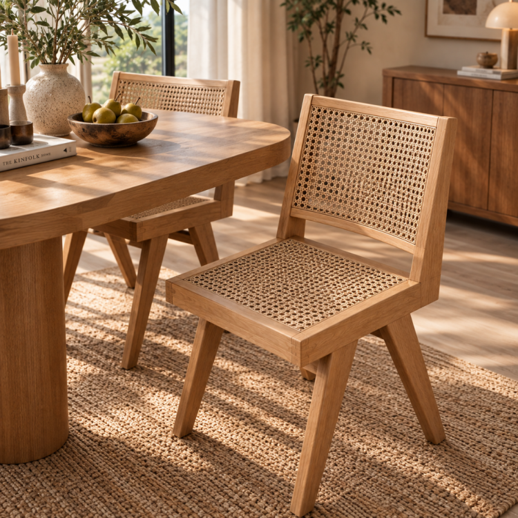 Elanora Rattan Detaylı Masif Ahşap Kolsuz Yemek Sandalyesi – Modern Doğal Tasarım