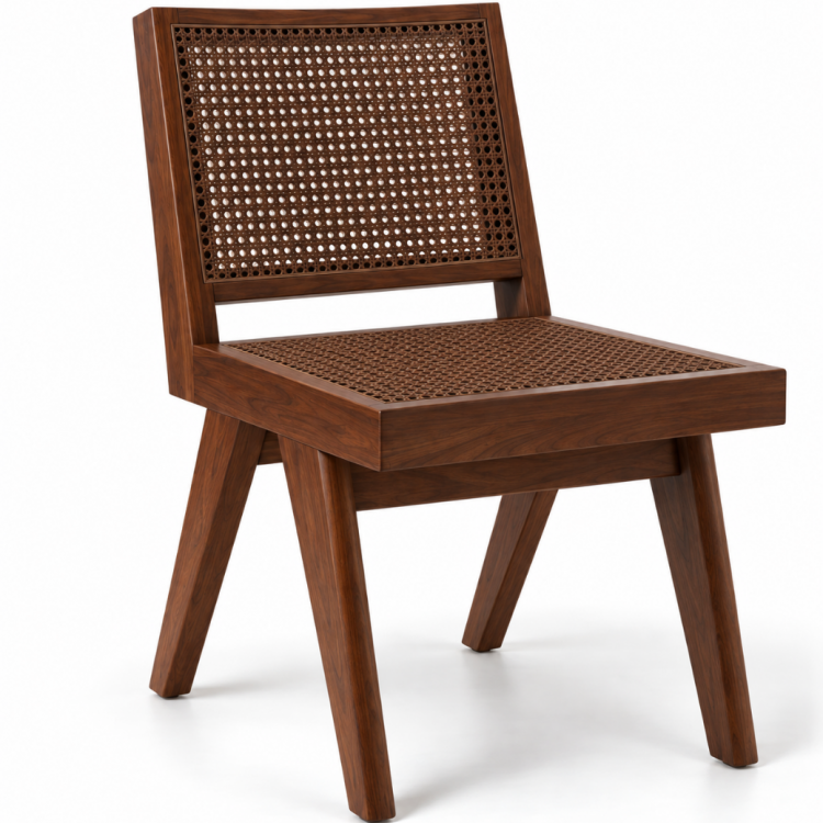 Elanora Rattan Detaylı Masif Ahşap Kolsuz Yemek Sandalyesi – Modern Doğal Tasarım