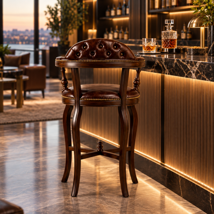 Klasik Masif Bar Sandalyesi – Deri Döşemeli Kollu Premium Model Klasik Masif Bar Sandalyesi – Deri Döşemeli Kollu Premium Model