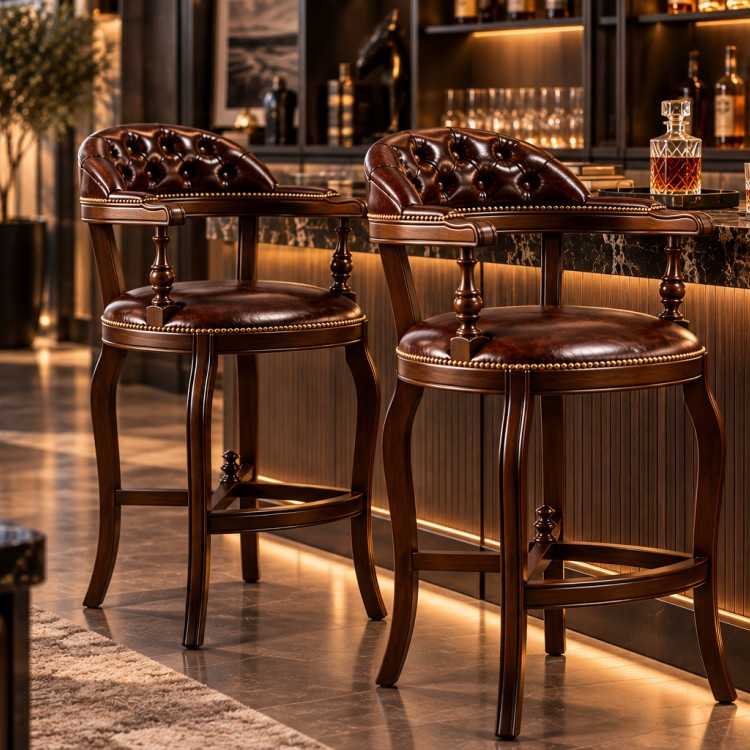 Klasik Masif Bar Sandalyesi – Deri Döşemeli Kollu Premium Model Klasik Masif Bar Sandalyesi – Deri Döşemeli Kollu Premium Model