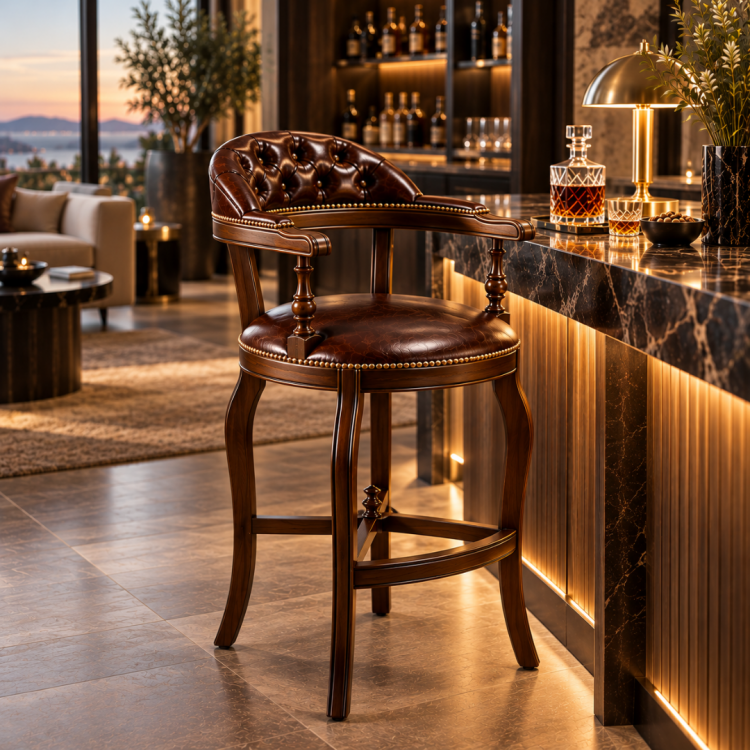 Klasik Masif Bar Sandalyesi – Deri Döşemeli Kollu Premium Model Klasik Masif Bar Sandalyesi – Deri Döşemeli Kollu Premium Model