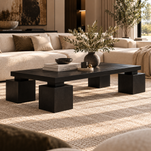 Block 4 Küp Ayaklı Masif Ahşap Orta Sehpa – 140x65 cm Modern Dikdörtgen Tasarım