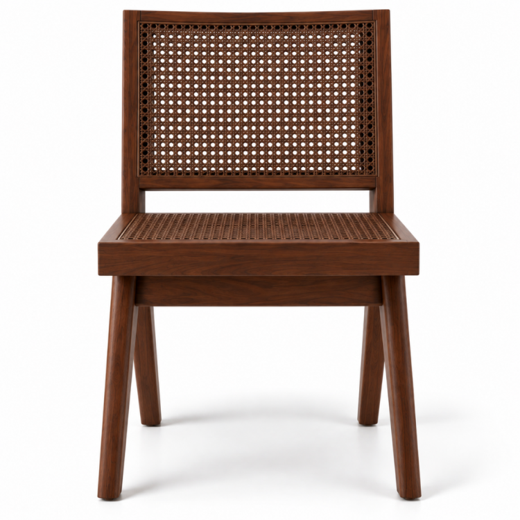 Elanora Rattan Detaylı Masif Ahşap Kolsuz Yemek Sandalyesi – Modern Doğal Tasarım
