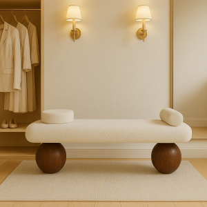 Modern Lüks Tasarım Bench – Ceviz Top Ayaklı Bouclé Döşemeli Oturma Bankı Yatak Ucu Bankı