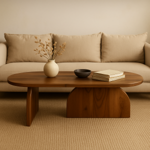 Doğal Kayın Masif Oval Orta Sehpa 120x55 – Modern Ceviz Renk, Şık Dekoratif Tasarım