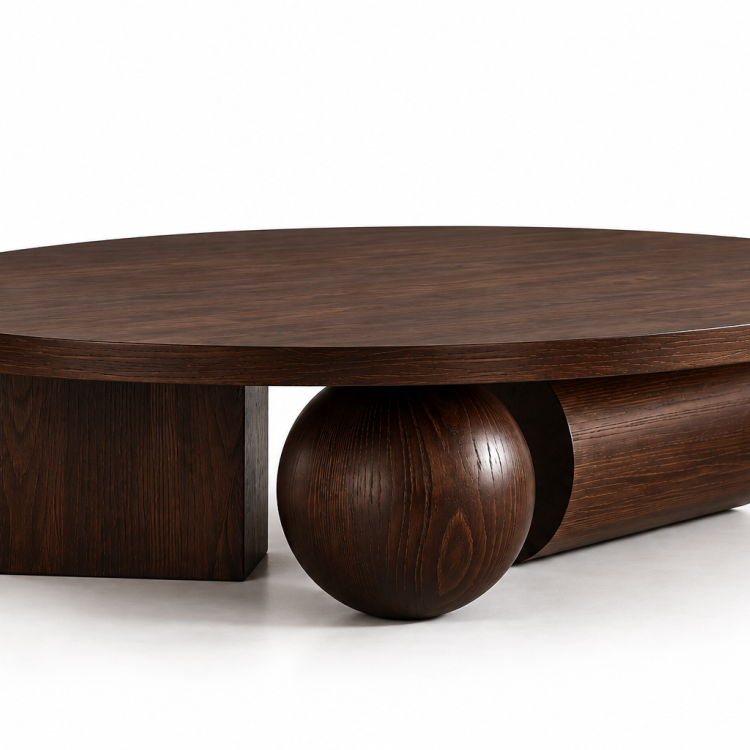 Geometrik Formlu Yuvarlak Ahşap Orta Sehpa – Modern Heykelsi Tasarım 110 cm Geometrik Formlu Yuvarlak Ahşap Orta Sehpa – Modern Heykelsi Tasarım 110 cm