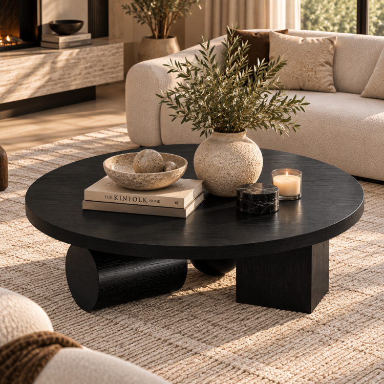 Geometrik Formlu Yuvarlak Ahşap Orta Sehpa – Modern Heykelsi Tasarım 110 cm Geometrik Formlu Yuvarlak Ahşap Orta Sehpa – Modern Heykelsi Tasarım 110 cm