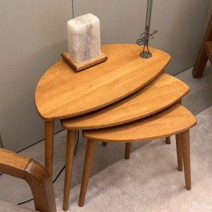 Meşe Masif Doğal Ahşap Zigon Sehpa 3'lü Set, Modern Masif Yan Sehpa