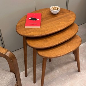 Ceviz Masif Doğal Ahşap Zigon Sehpa 3'lü Set, Modern Masif Yan Sehpa Oval