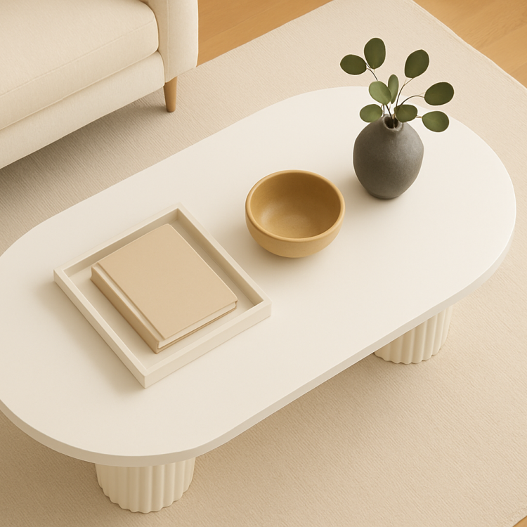 Oval Ahşap Orta Sehpa – Flüt Ayaklı, Modern Tasarım, Doğal Masif Beyaz Minimalist Ve Modern Oval Ahşap Orta Sehpa – Flüt Ayaklı, Modern Tasarım, Doğal Masif Beyaz Minimalist Ve Modern