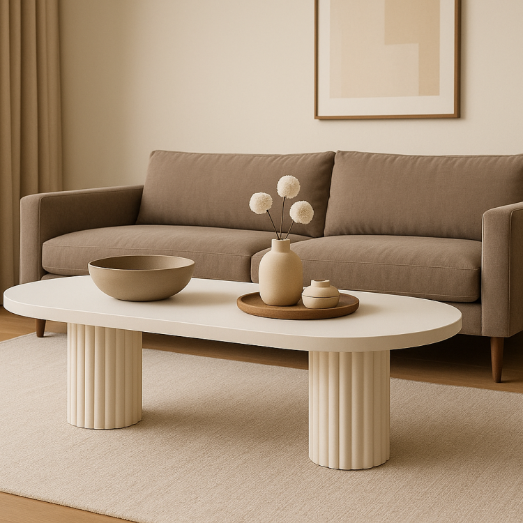 Oval Ahşap Orta Sehpa – Flüt Ayaklı, Modern Tasarım, Doğal Masif Beyaz Minimalist Ve Modern Oval Ahşap Orta Sehpa – Flüt Ayaklı, Modern Tasarım, Doğal Masif Beyaz Minimalist Ve Modern