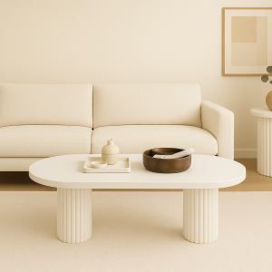 Oval Ahşap Orta Sehpa – Flüt Ayaklı, Modern Tasarım, Doğal Masif Beyaz Minimalist Ve Modern 