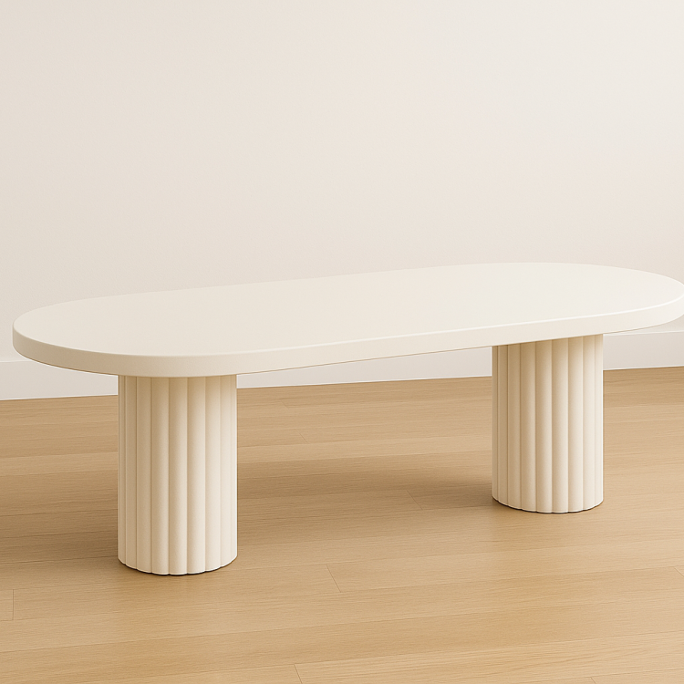 Oval Ahşap Orta Sehpa – Flüt Ayaklı, Modern Tasarım, Doğal Masif Beyaz Minimalist Ve Modern Oval Ahşap Orta Sehpa – Flüt Ayaklı, Modern Tasarım, Doğal Masif Beyaz Minimalist Ve Modern