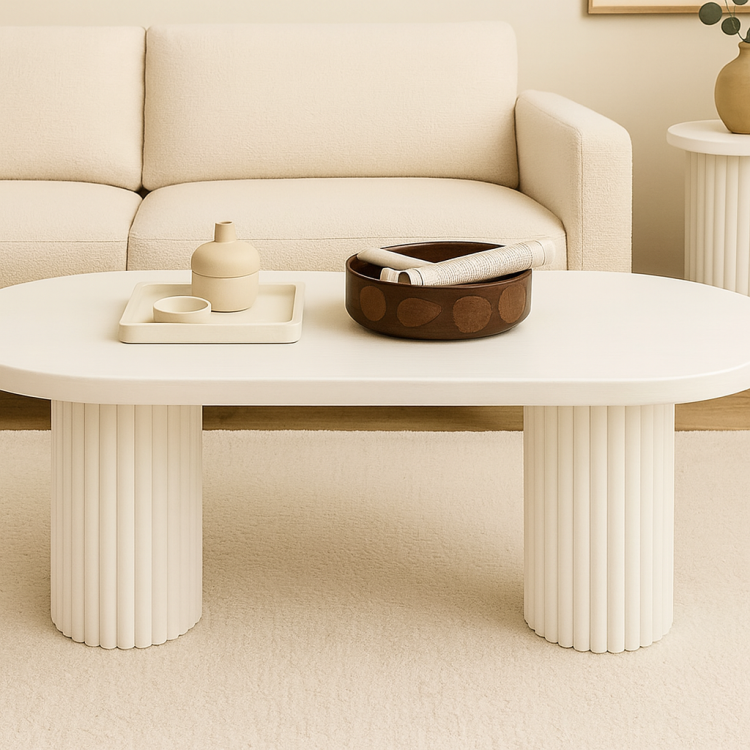 Oval Ahşap Orta Sehpa – Flüt Ayaklı, Modern Tasarım, Doğal Masif Beyaz Minimalist Ve Modern Oval Ahşap Orta Sehpa – Flüt Ayaklı, Modern Tasarım, Doğal Masif Beyaz Minimalist Ve Modern