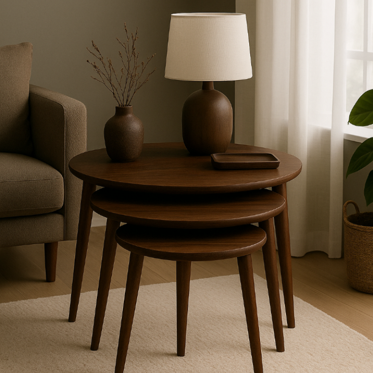 A+ Plus Gürgen Ağacı Masif Doğal Ahşap Zigon Sehpa 3'lü Set, Modern Masif Yan Sehpa