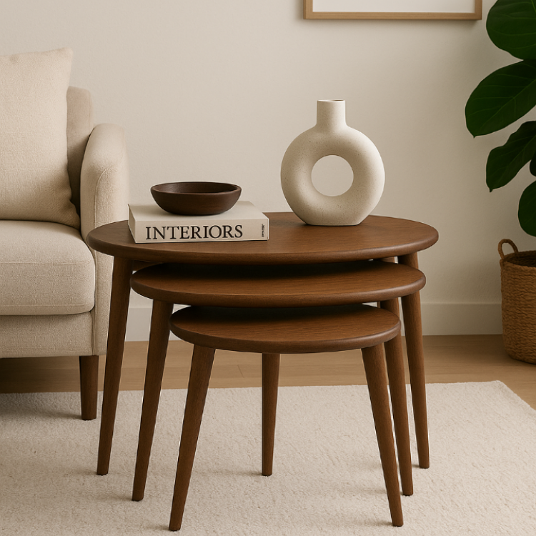 A+ Plus Gürgen Ağacı Masif Doğal Ahşap Zigon Sehpa 3'lü Set, Modern Masif Yan Sehpa