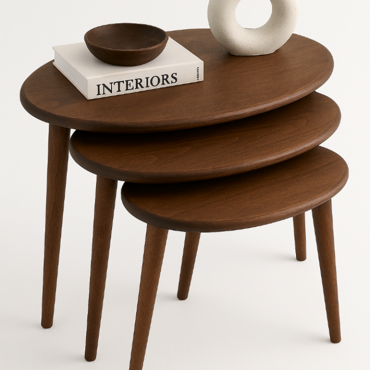 A+ Plus Gürgen Ağacı Masif Doğal Ahşap Zigon Sehpa 3'lü Set, Modern Masif Yan Sehpa