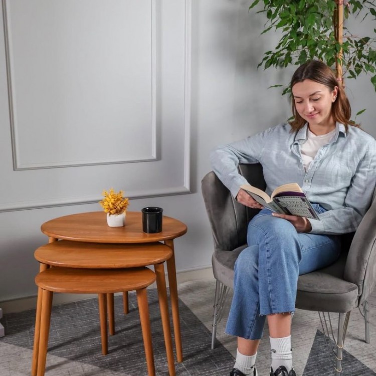 A+ Plus Gürgen Ağacı Masif Doğal Ahşap Zigon Sehpa 3'lü Set, Modern Masif Yan Sehpa