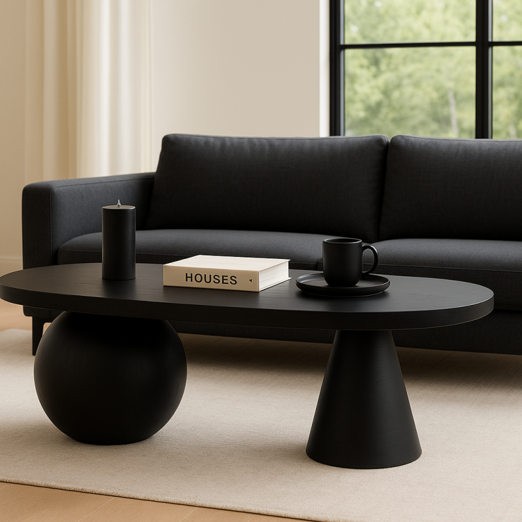 Gürgen Ağacı Oval Orta Sehpa 120x60 cm – Noce Ceviz Renk, Modern Küre ve Konik Ayak Tasarım