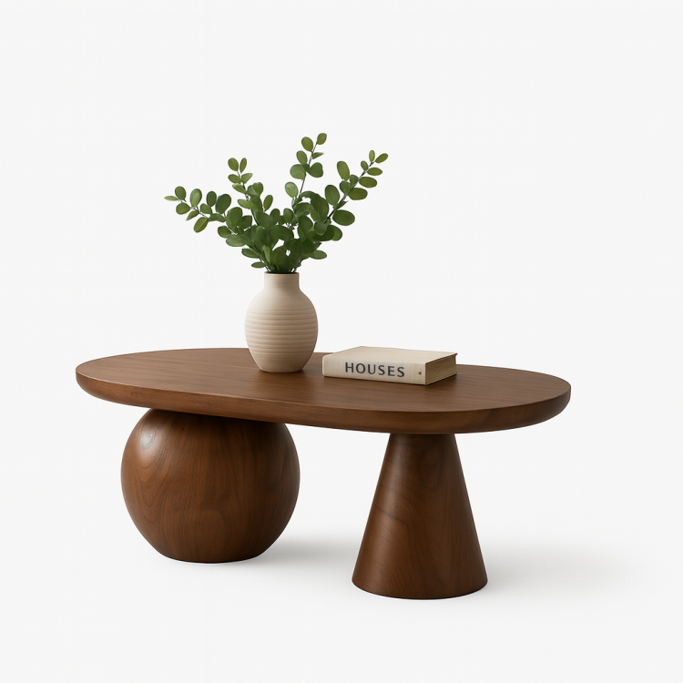 Gürgen Ağacı Oval Orta Sehpa 120x60 cm – Noce Ceviz Renk, Modern Küre ve Konik Ayak Tasarım