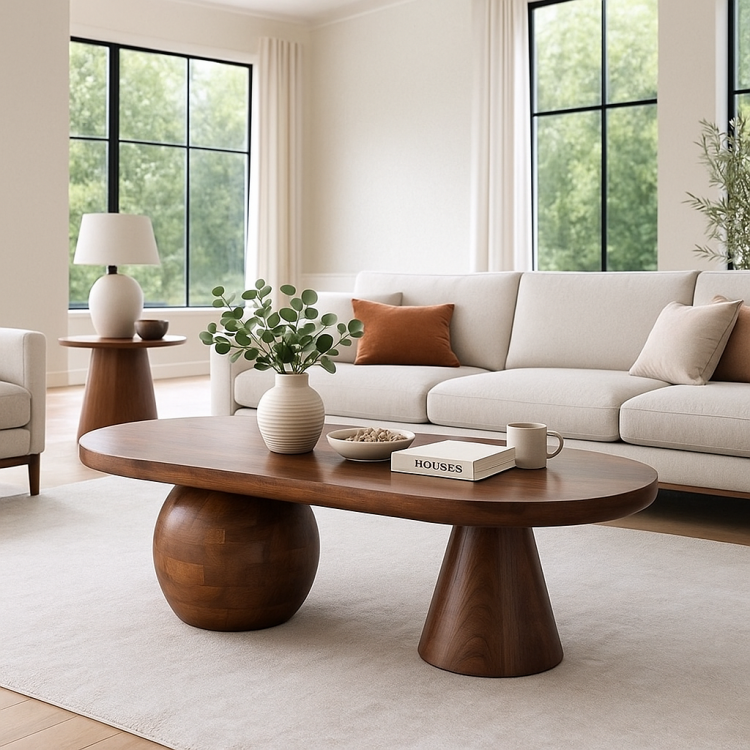 Gürgen Ağacı Oval Orta Sehpa 120x60 cm – Noce Ceviz Renk, Modern Küre ve Konik Ayak Tasarım