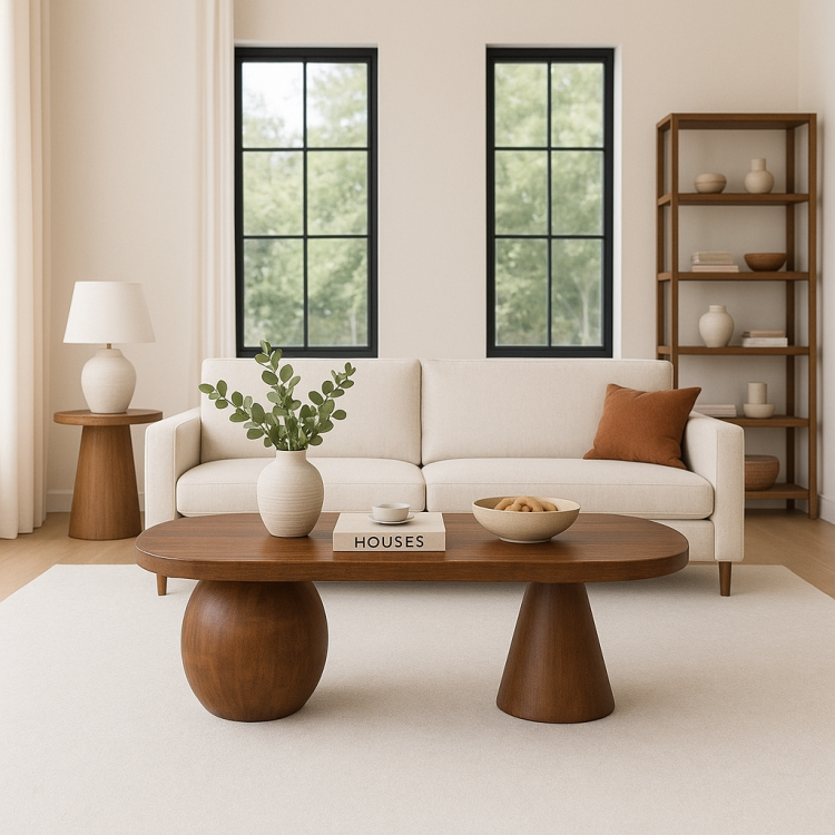 Gürgen Ağacı Oval Orta Sehpa 120x60 cm – Noce Ceviz Renk, Modern Küre ve Konik Ayak Tasarım