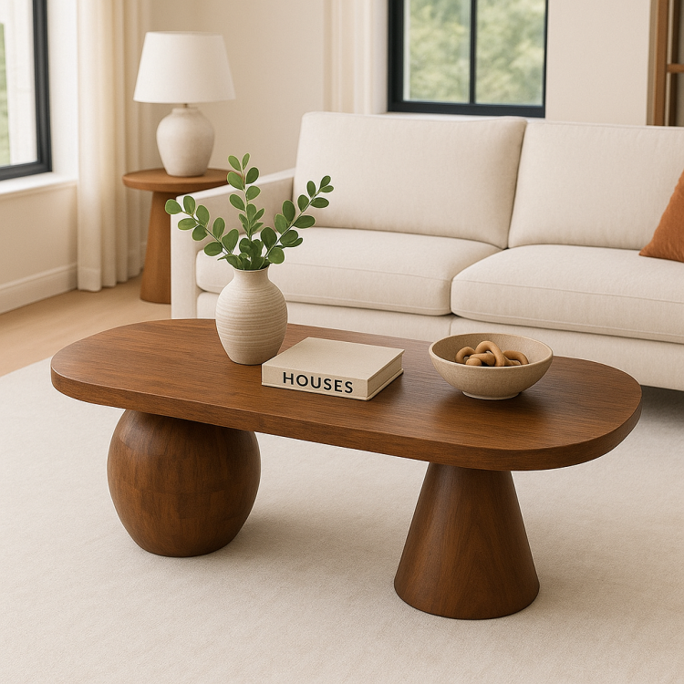 Gürgen Ağacı Oval Orta Sehpa 120x60 cm – Noce Ceviz Renk, Modern Küre ve Konik Ayak Tasarım