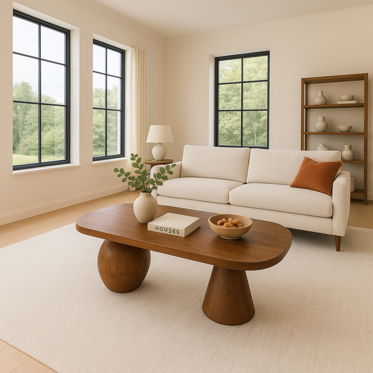 Gürgen Ağacı Oval Orta Sehpa 120x60 cm – Noce Ceviz Renk, Modern Küre ve Konik Ayak Tasarım