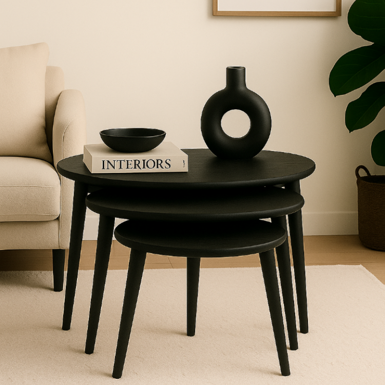 A+ Plus Gürgen Ağacı Masif Doğal Ahşap Zigon Sehpa 3'lü Set, Modern Masif Yan Sehpa