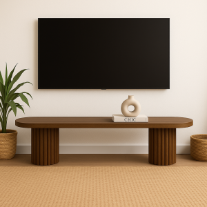 Modern Kayın Ağacı Oval Flüt Ayaklı TV Ünitesi – Tamamı Masif Ahşap Minimalist Estetik 
