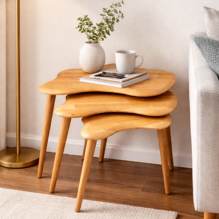 A+Plus Masif Gürgen Ağacı 3’lü Zigon Sehpa | El İşçiliği Doğal Ahşap Modern Tasarım Modern Yan Sehpa