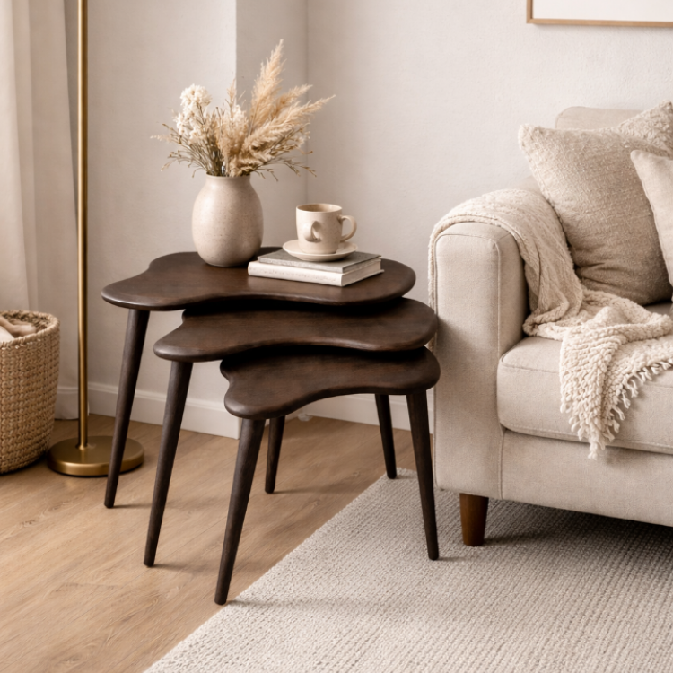 A+Plus Masif Gürgen Ağacı 3’lü Zigon Sehpa | El İşçiliği Doğal Ahşap Modern Tasarım Modern Yan Sehpa