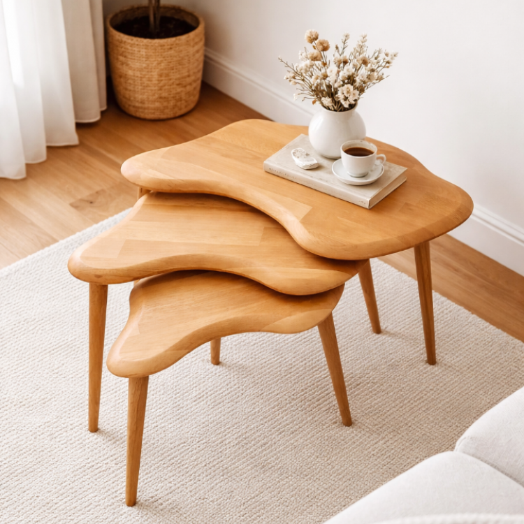 A+Plus Masif Gürgen Ağacı 3’lü Zigon Sehpa | El İşçiliği Doğal Ahşap Modern Tasarım Modern Yan Sehpa