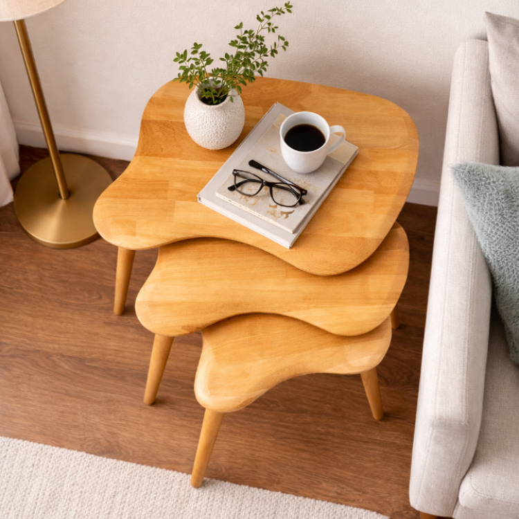 A+Plus Masif Gürgen Ağacı 3’lü Zigon Sehpa | El İşçiliği Doğal Ahşap Modern Tasarım Modern Yan Sehpa