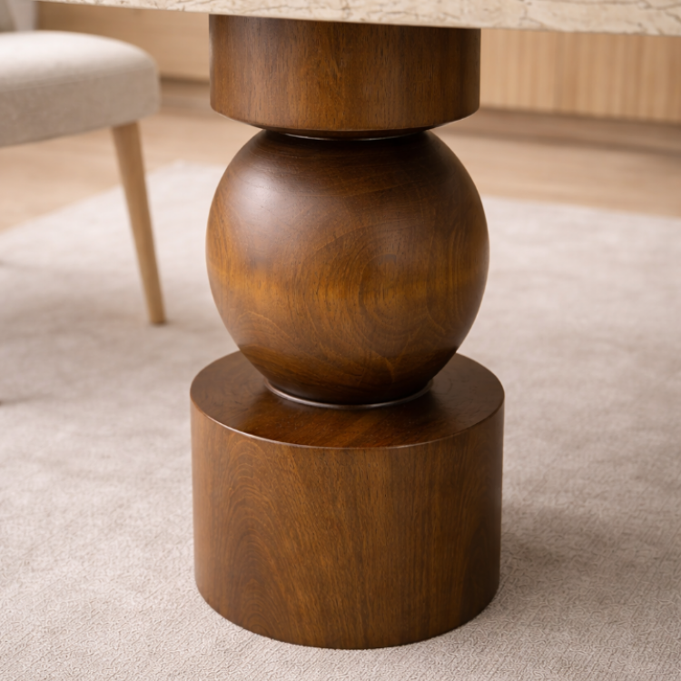 Modern Tasarım Traverten Üstlü Masif Ahşap Torna Ayaklı Yemek Masası 180x80cm 