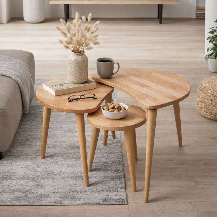  Masif Gürgen Ağacı 3’lü Zigon Sehpa Seti | Modern ve Şık Orta Sehpa Takımı