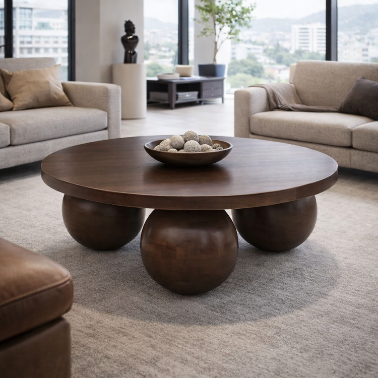 Modern Tasarım Masif Ağaç Orta Sehpa – Top Ayaklı, El Yapımı 100cm 