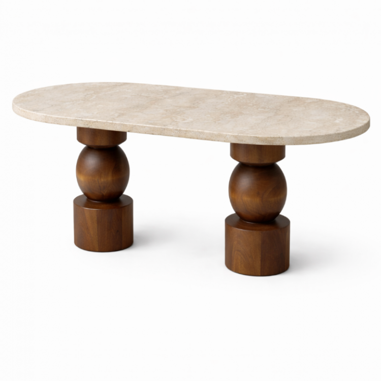 Modern Tasarım Traverten Üstlü Masif Ahşap Torna Ayaklı Yemek Masası 180x80cm 