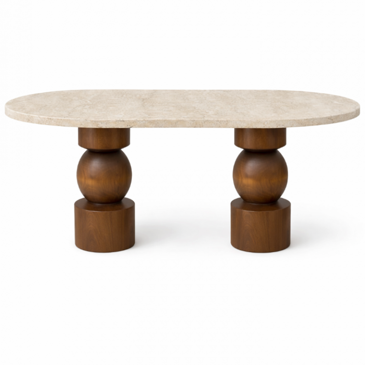Modern Tasarım Traverten Üstlü Masif Ahşap Torna Ayaklı Yemek Masası 180x80cm 