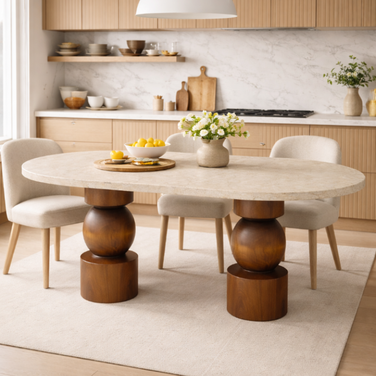 Modern Tasarım Traverten Üstlü Masif Ahşap Torna Ayaklı Yemek Masası 180x80cm 