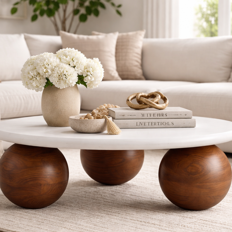 Modern Tasarım Masif Ahşap Top Ayaklı Orta Sehpa – Doğal & Şık Modern Tasarım Masif Ahşap Top Ayaklı Orta Sehpa – Doğal & Şık